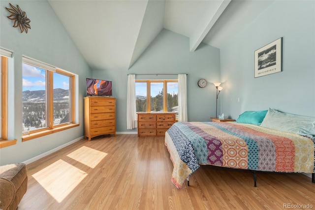 bedroom with lofted ceiling, wood finished floors, and baseboards