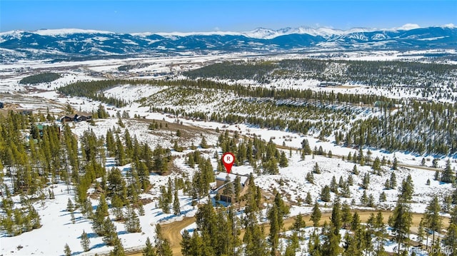 snowy aerial view with a mountain view