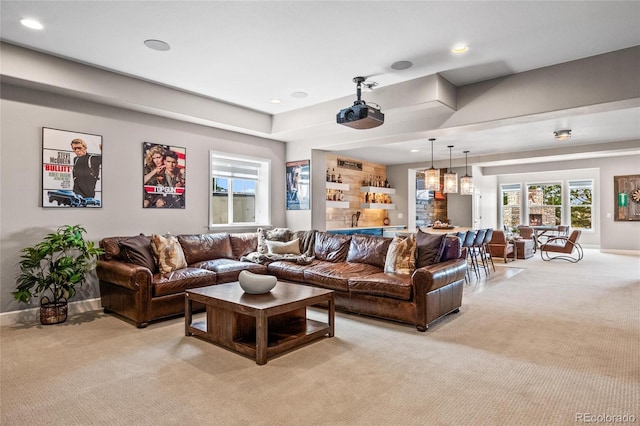 9563 Red Primrose St, Franktown, CO 80116 - living room with light colored carpet, baseboards, and recessed lighting