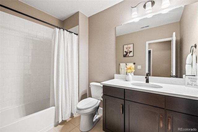 9563 Red Primrose St, Franktown, CO 80116 - bathroom with toilet, tile patterned floors, vanity, and shower / bath combo with shower curtain