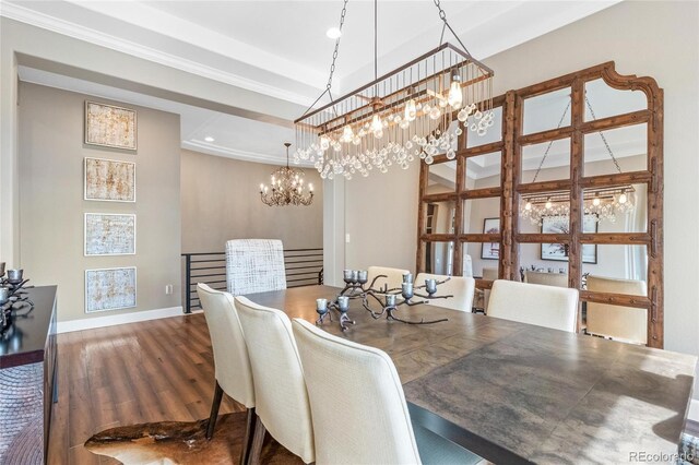 9563 Red Primrose St, Franktown, CO 80116 - dining space featuring a chandelier, recessed lighting, wood finished floors, and baseboards