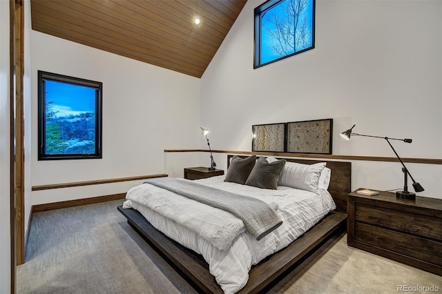 65 Aerie Dr, Silverthorne, CO 80498 - bedroom with wooden ceiling, high vaulted ceiling, light colored carpet, and recessed lighting