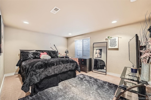 carpeted bedroom with recessed lighting and baseboards