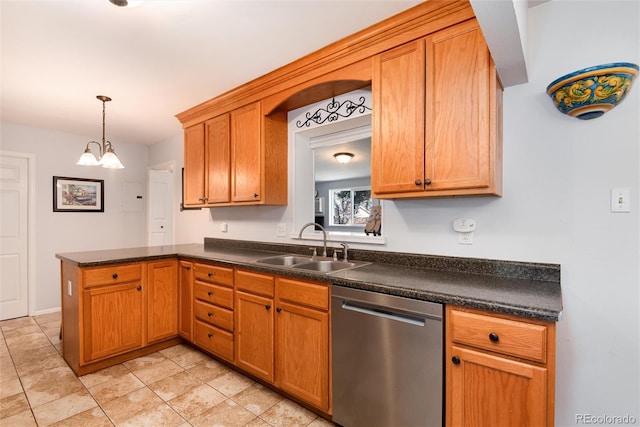 kitchen with stainless steel dishwasher, a peninsula, dark countertops, and a sink