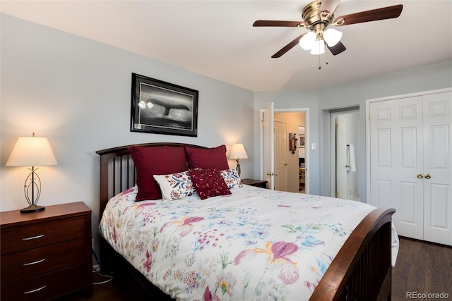 bedroom featuring dark wood-type flooring and ceiling fan