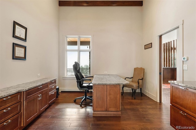 office space featuring dark wood-type flooring and beamed ceiling