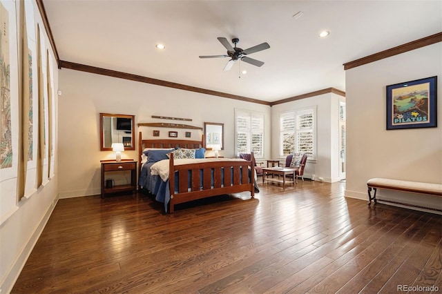 bedroom with ornamental molding, dark wood-type flooring, and ceiling fan