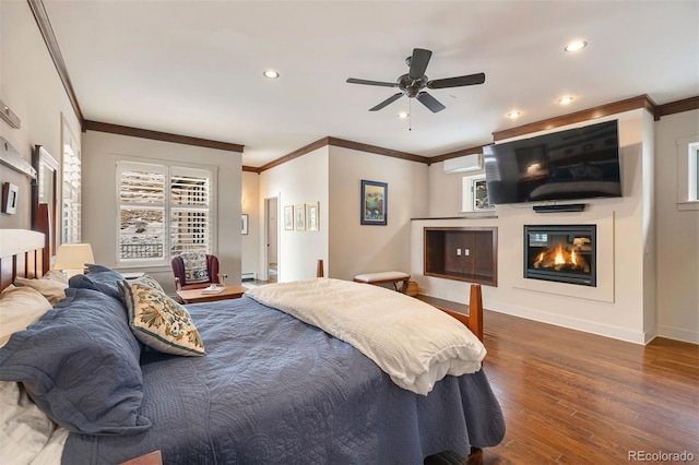 bedroom featuring dark wood-type flooring and crown molding