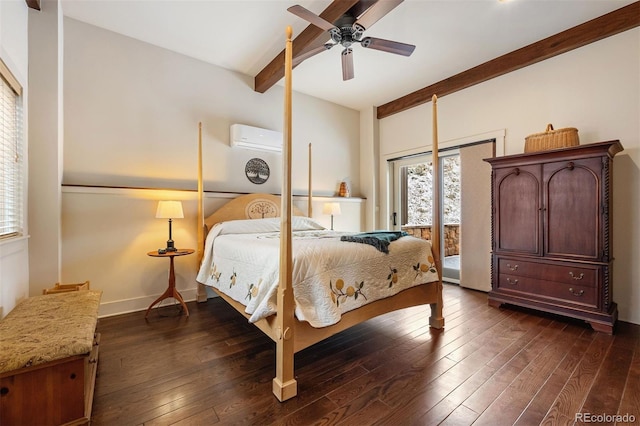 bedroom featuring access to outside, an AC wall unit, dark hardwood / wood-style flooring, beamed ceiling, and ceiling fan