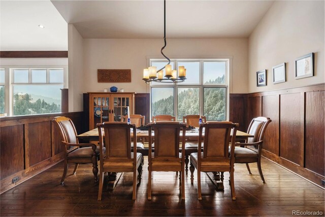 21609 Clarence Ln, Golden, CO 80401 - dining room with a chandelier, wainscoting, dark wood-style flooring, and wood walls
