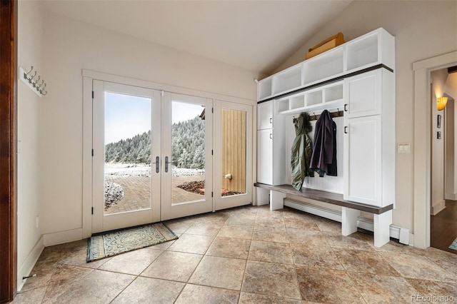21609 Clarence Ln, Golden, CO 80401 - mudroom featuring french doors, lofted ceiling, and baseboards
