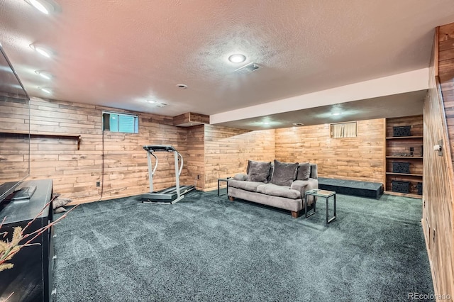 4878 W 98th Ave, Westminster, CO 80031 - exercise room with carpet flooring, wood walls, and a textured ceiling