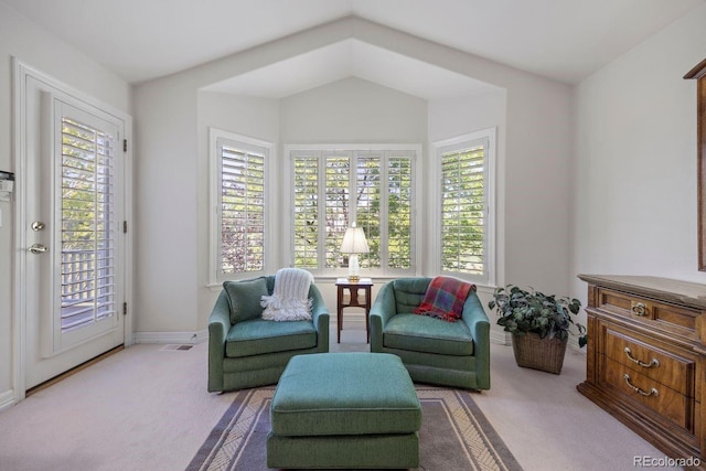 9278 E Aspen Hill Pl, Lone Tree, CO 80124 - living area featuring carpet, vaulted ceiling, and baseboards