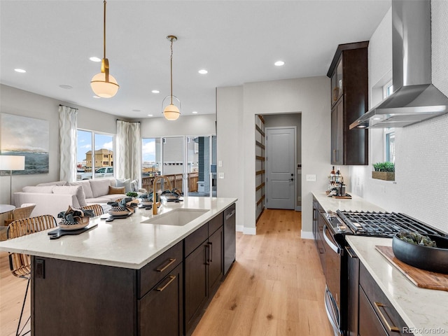 kitchen featuring sink, wall chimney exhaust hood, hanging light fixtures, light hardwood / wood-style flooring, and appliances with stainless steel finishes