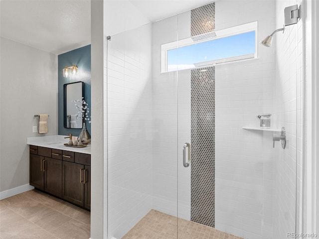 bathroom with tile patterned floors, vanity, and walk in shower