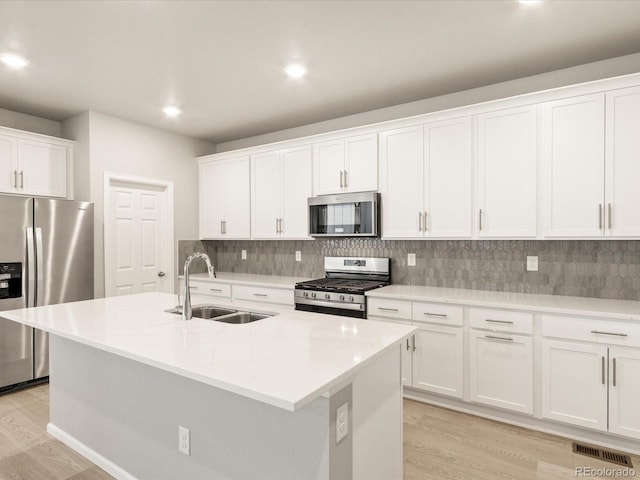 kitchen with a sink, stainless steel appliances, white cabinets, light wood-style floors, and backsplash