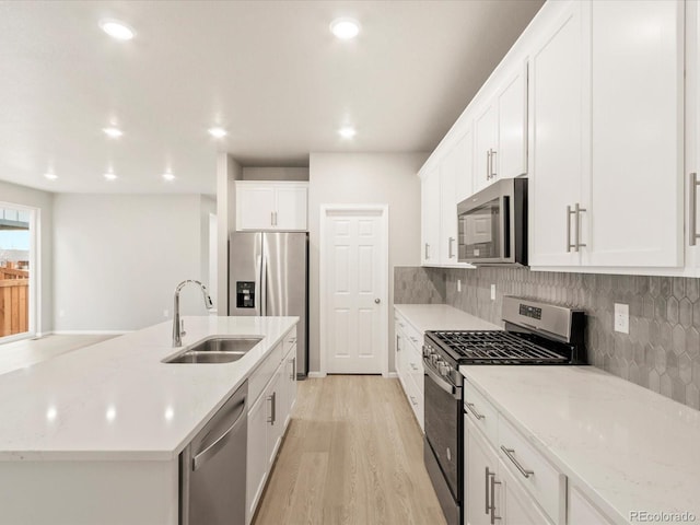 kitchen featuring light wood finished floors, a sink, white cabinets, appliances with stainless steel finishes, and backsplash