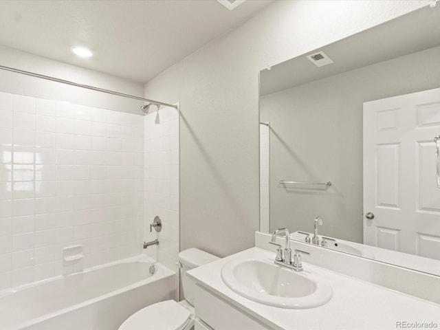 full bathroom with vanity, toilet, tub / shower combination, and visible vents