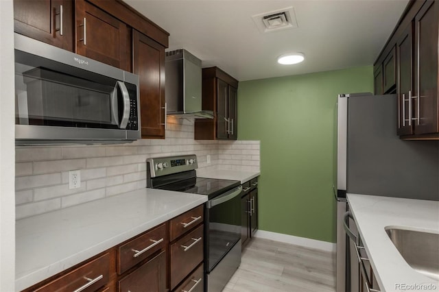 800 N Pearl St Unit 611, Denver, CO 80203 - kitchen with stainless steel appliances, wall chimney range hood, tasteful backsplash, baseboards, and dark brown cabinetry