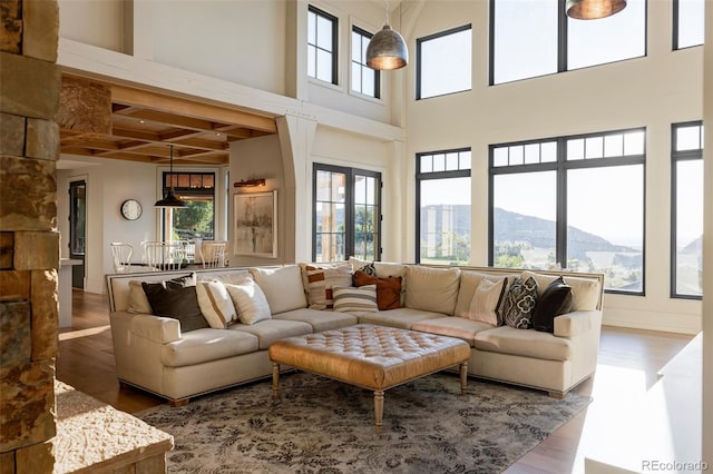 living room with a high ceiling, hardwood / wood-style floors, a wealth of natural light, and a mountain view