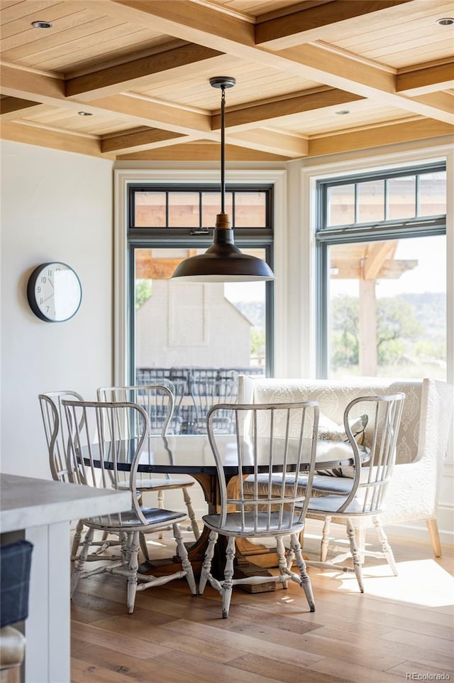 dining space with beam ceiling, coffered ceiling, wooden ceiling, and hardwood / wood-style flooring