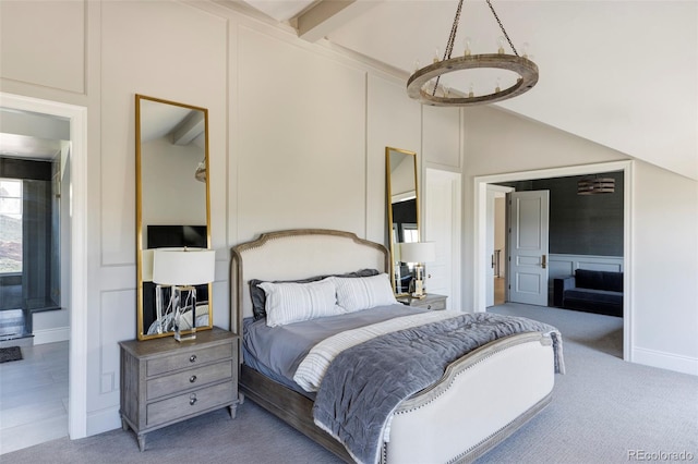 carpeted bedroom featuring high vaulted ceiling and beam ceiling