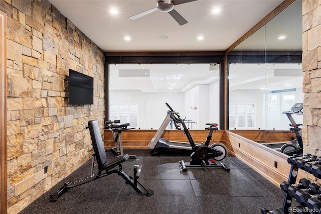 workout area with ceiling fan