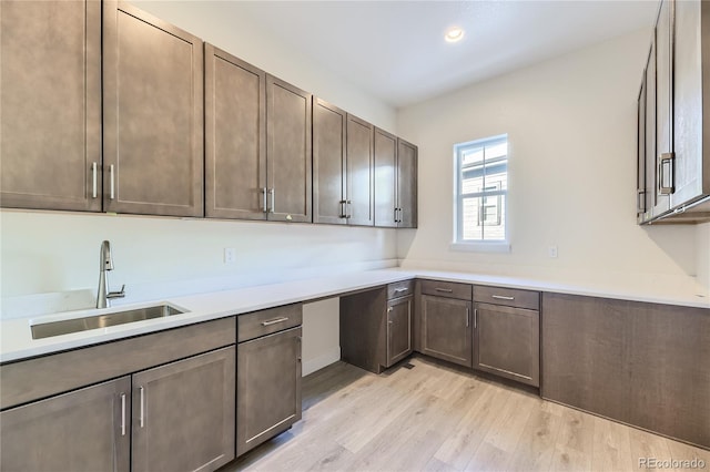 kitchen featuring dark brown cabinetry, light hardwood / wood-style flooring, and sink