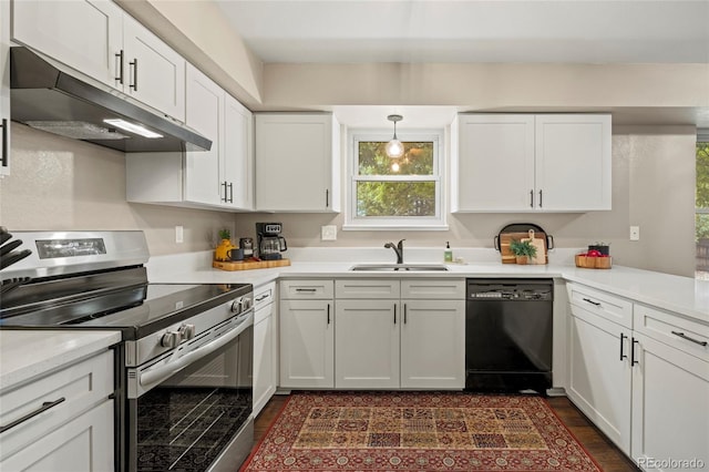 1285 Aberdeen Dr, Broomfield, CO 80020 - kitchen with black dishwasher, stainless steel range with electric cooktop, a sink, under cabinet range hood, and white cabinets
