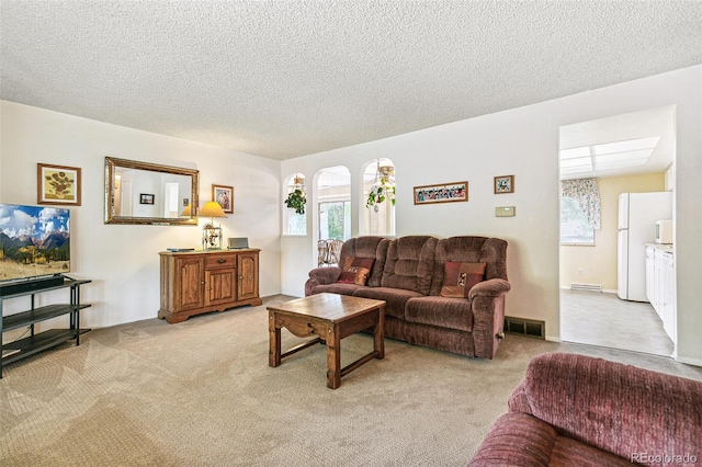 7503 Saulsbury St, Arvada, CO 80003 - living room with light carpet, a textured ceiling, and baseboard heating