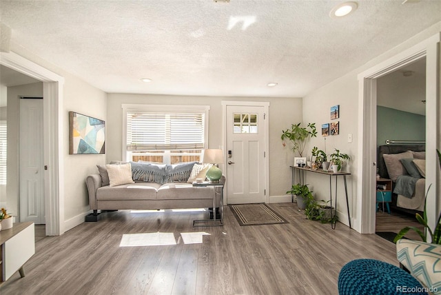 foyer entrance featuring a textured ceiling and hardwood / wood-style flooring