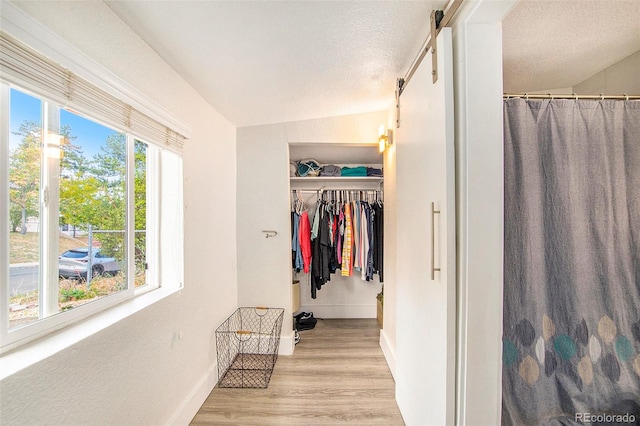 interior space with lofted ceiling, light hardwood / wood-style floors, and a textured ceiling