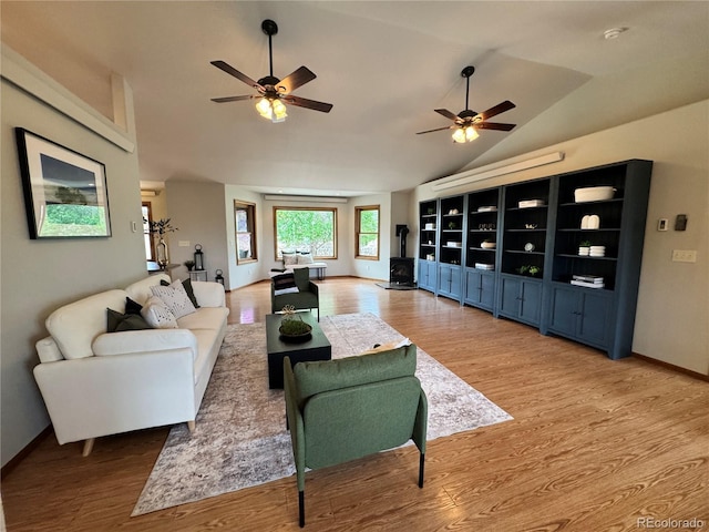 100 River Run Dr, Buena Vista, CO 81211 - living area featuring wood finished floors, ceiling fan, lofted ceiling, and baseboards