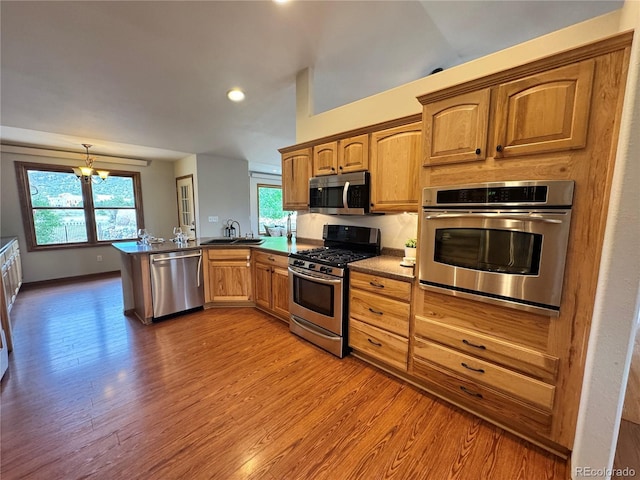 100 River Run Dr, Buena Vista, CO 81211 - kitchen featuring stainless steel appliances, a peninsula, a sink, wood finished floors, and recessed lighting