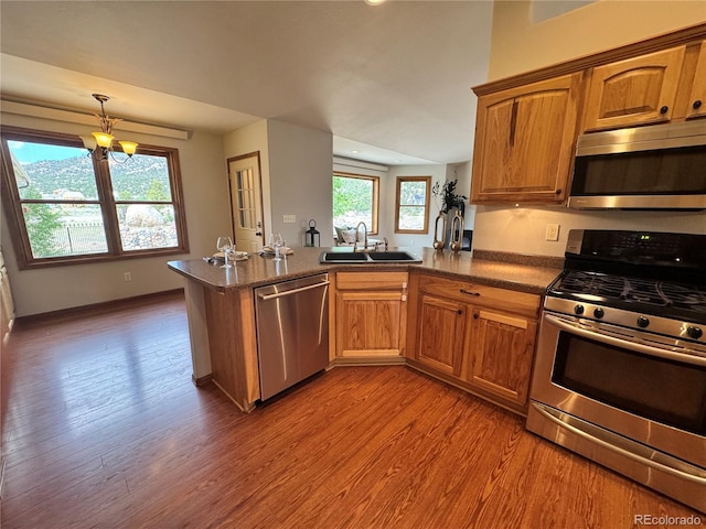 100 River Run Dr, Buena Vista, CO 81211 - kitchen featuring stainless steel appliances, a sink, a peninsula, and wood finished floors
