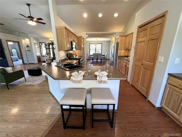 100 River Run Dr, Buena Vista, CO 81211 - kitchen featuring lofted ceiling, stainless steel appliances, dark wood-style floors, a kitchen bar, and a peninsula
