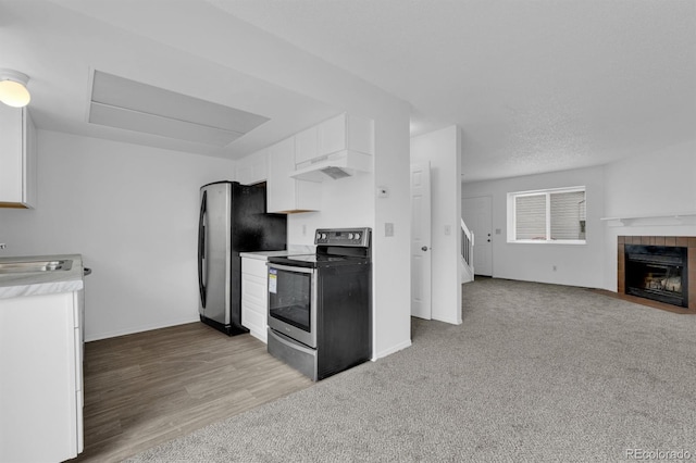 1287 Soaring Eagle Dr, Colorado Springs, CO 80915 - kitchen with stainless steel appliances, white cabinets, a sink, light countertops, and baseboards