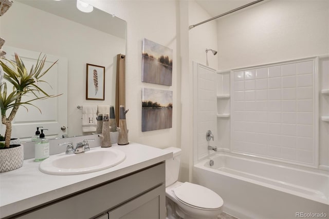 full bathroom with toilet, vanity, and bathing tub / shower combination