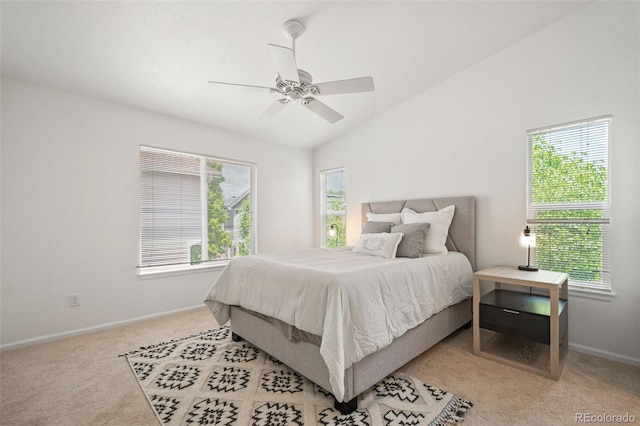 10681 Cherrybrook Cir, Highlands Ranch, CO 80126 - bedroom with light colored carpet, baseboards, ceiling fan, and lofted ceiling