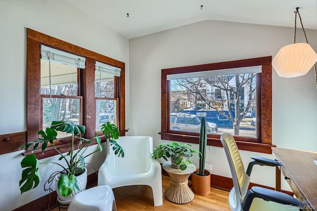 interior space with vaulted ceiling and hardwood / wood-style floors