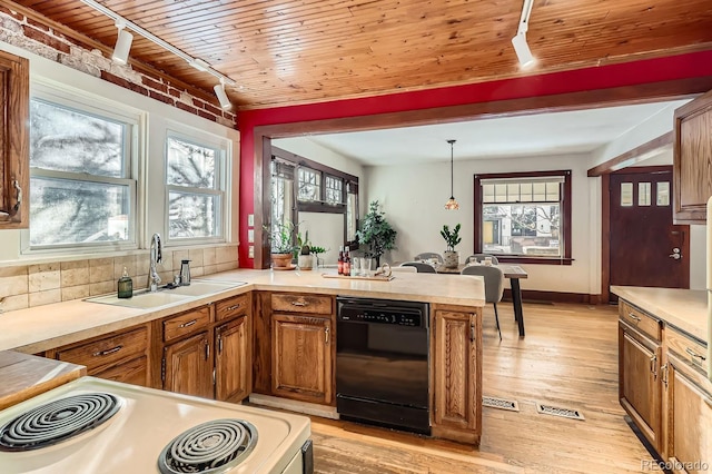 kitchen featuring white range with electric cooktop, wooden ceiling, dishwasher, sink, and decorative light fixtures