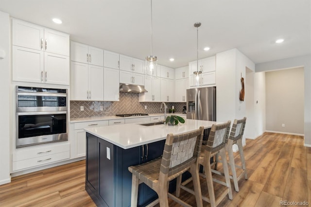 kitchen featuring stainless steel appliances, light countertops, light wood-style floors, a sink, and under cabinet range hood