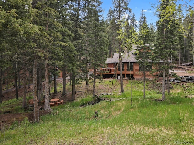 8905 Carol Ln, Conifer, CO 80433 - view of yard with a deck and a view of trees