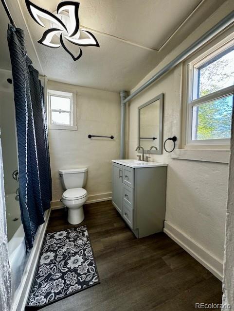 bathroom with hardwood / wood-style flooring, vanity, toilet, and a wealth of natural light