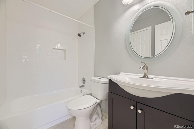 full bathroom with tiled shower / bath combo, vanity, tile patterned flooring, and toilet