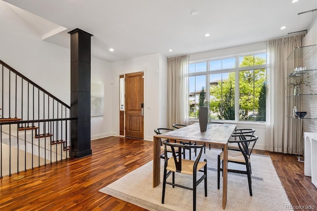 370 Garfield St, Denver, CO 80206 - dining room featuring wood-type flooring, stairway, and recessed lighting