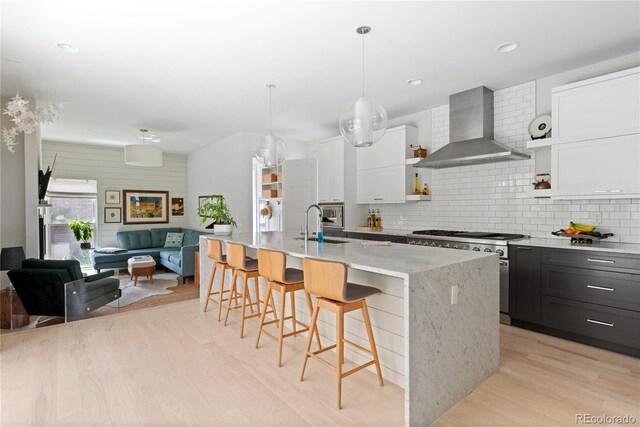 501 S Race St, Denver, CO 80209 - kitchen with wall chimney range hood, stainless steel stove, light wood-style floors, open shelves, and open floor plan