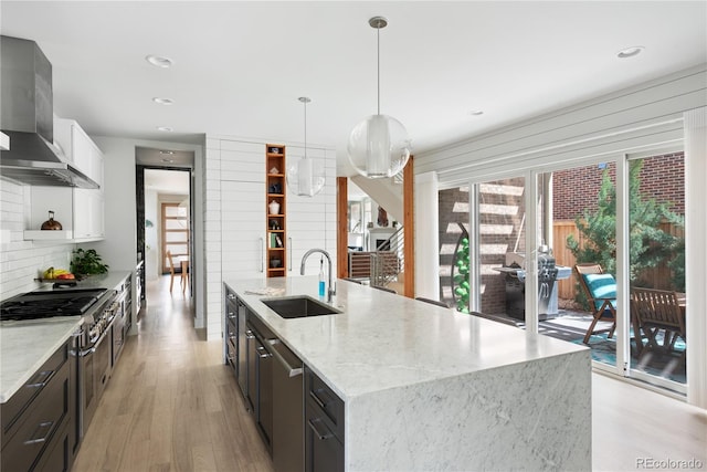 501 S Race St, Denver, CO 80209 - kitchen with a sink, appliances with stainless steel finishes, wall chimney exhaust hood, a kitchen island with sink, and light wood-type flooring
