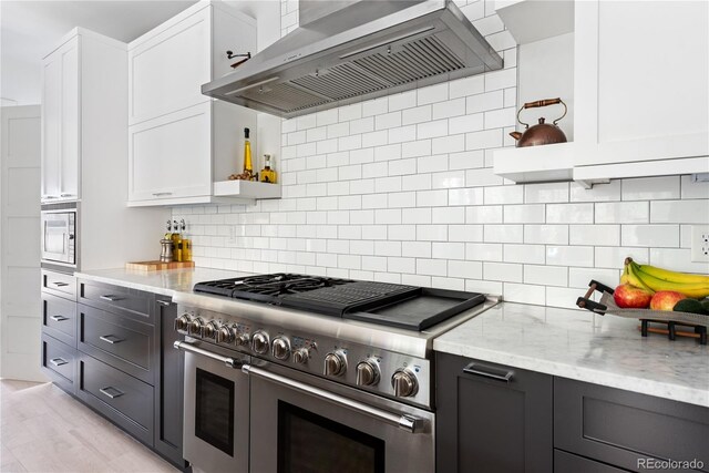 501 S Race St, Denver, CO 80209 - kitchen featuring double oven range, extractor fan, open shelves, white cabinetry, and light stone counters