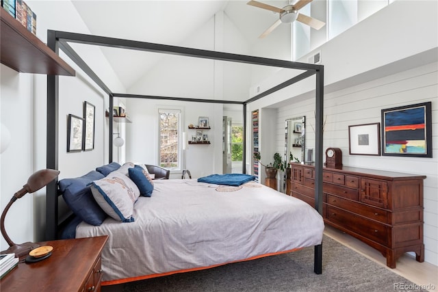 501 S Race St, Denver, CO 80209 - bedroom with access to outside, high vaulted ceiling, and ceiling fan